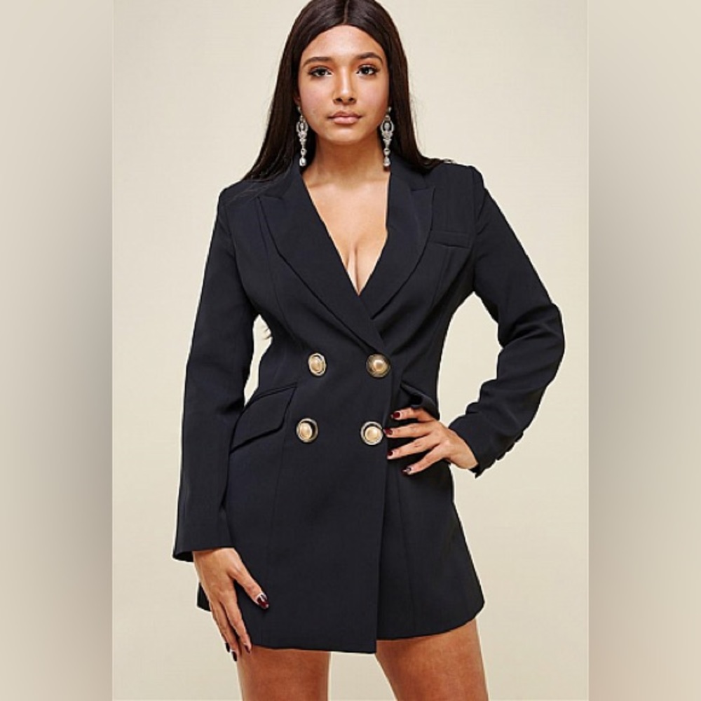 Ma Cherie Mini Dress Jacket Blazer Double Breast Size L Black &Golden Button